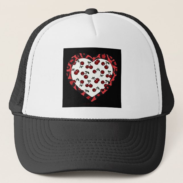RAB cherries Leopard Print Heart Rockabilly Trucker Hat (Front)