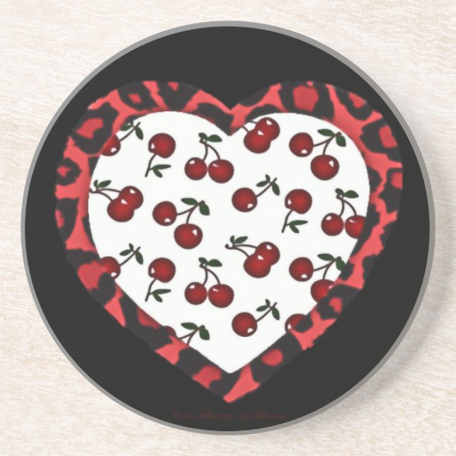 RAB Rockabilly Cherries Leopard Print Heart Coaster (Front)