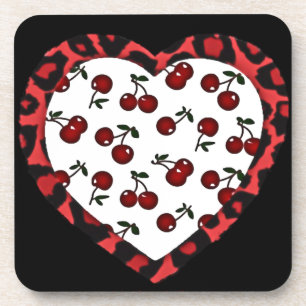 RAB Rockabilly Cherries Leopard Print Heart Coaster