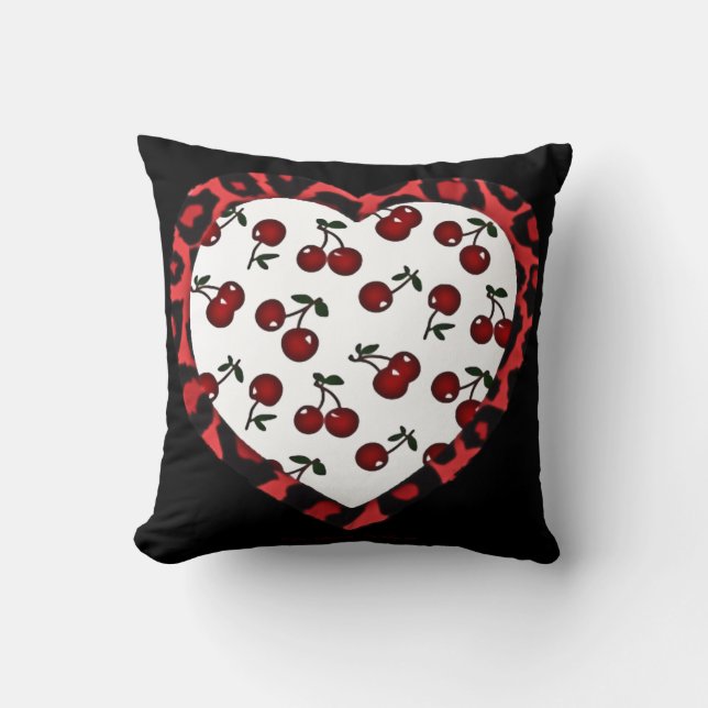 RAB Rockabilly Cherries Leopard Print Heart Cushion (Front)