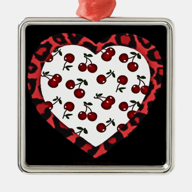 RAB Rockabilly Cherries Leopard Print Heart Metal Tree Decoration (Front)