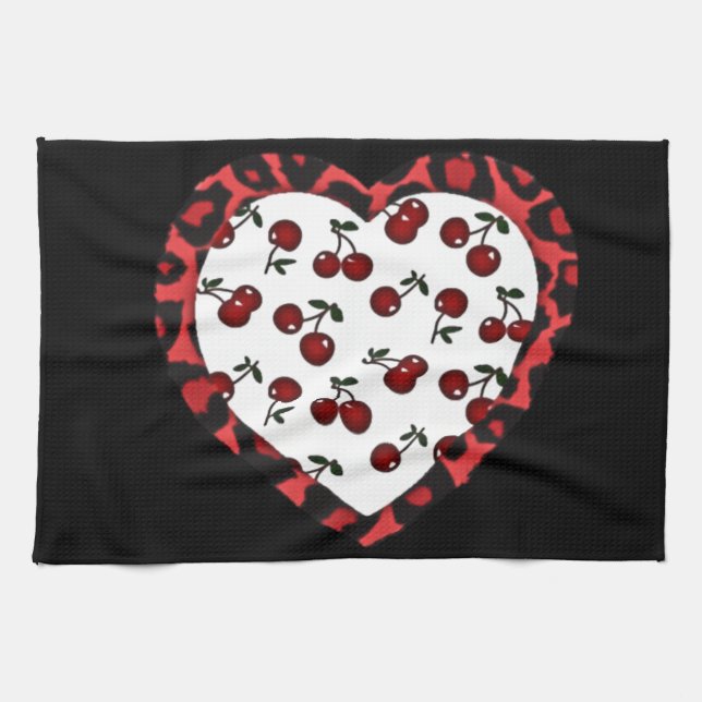 RAB Rockabilly Cherries Leopard Print Heart Tea Towel (Horizontal)