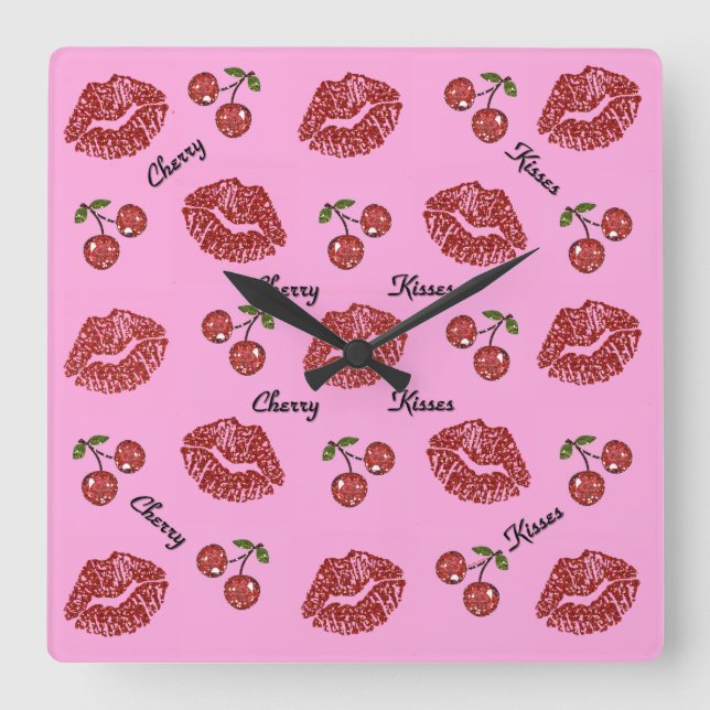 RAB Rockabilly Cherry Kisses on Pink Square Wall Clock (Front)