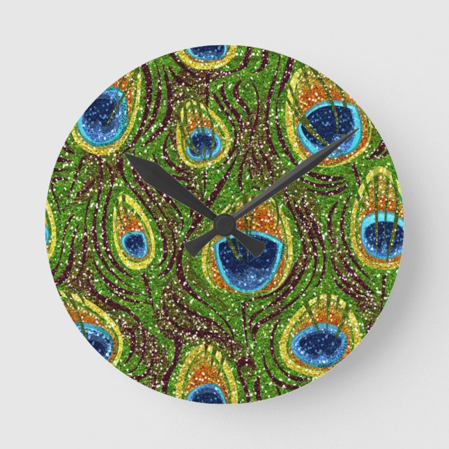 RAB Rockabilly Colourful Peacock Feathers Print Round Clock (Front)