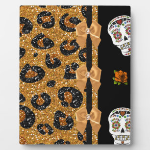 RAB Rockabilly Gold Leopard Print Sugar Skulls Plaque