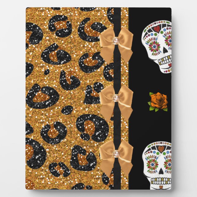 RAB Rockabilly Gold Leopard Print Sugar Skulls Plaque (Front)