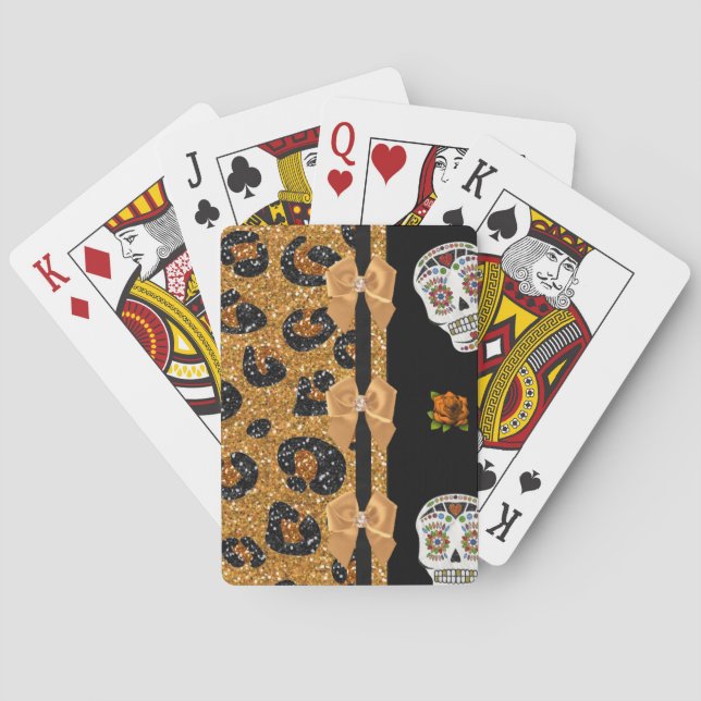 RAB Rockabilly Gold Leopard Print Sugar Skulls Playing Cards (Back)