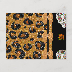 RAB Rockabilly Gold Leopard Print Sugar Skulls Postcard