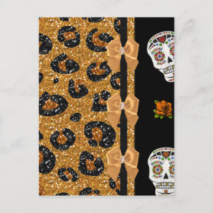 RAB Rockabilly Gold Leopard Print Sugar Skulls Postcard