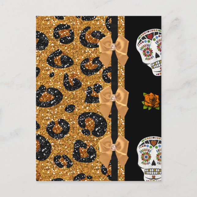 RAB Rockabilly Gold Leopard Print Sugar Skulls Postcard (Front)