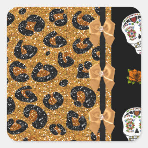 RAB Rockabilly Gold Leopard Print Sugar Skulls Square Sticker