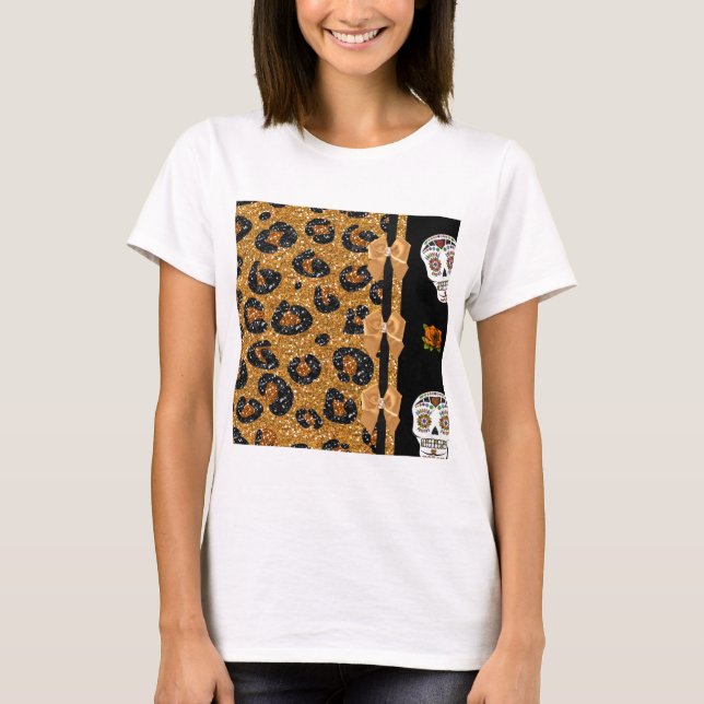 RAB Rockabilly Gold Leopard Print Sugar Skulls T-Shirt (Front)