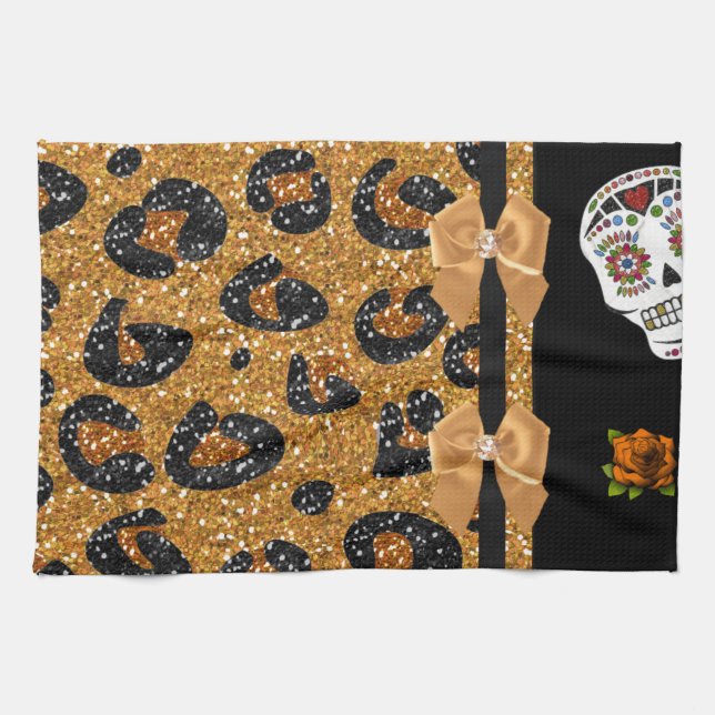RAB Rockabilly Gold Leopard Print Sugar Skulls Tea Towel (Horizontal)