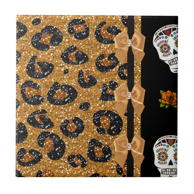 RAB Rockabilly Gold Leopard Print Sugar Skulls Tile (Front)