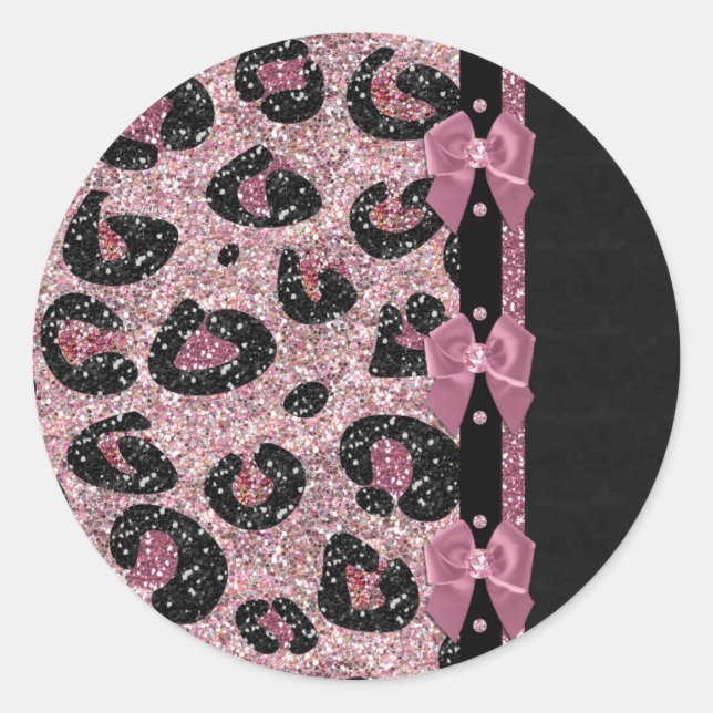 RAB Rockabilly Pink Leopard Print Ribbon Bows Classic Round Sticker (Front)