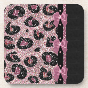RAB Rockabilly Pink Leopard Print Ribbon Bows Coaster