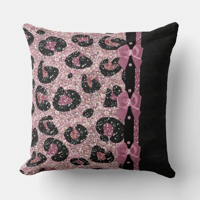RAB Rockabilly Pink Leopard Print Ribbon Bows Cushion (Front)
