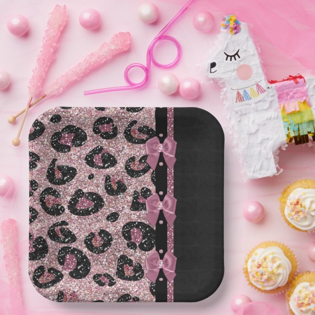 RAB Rockabilly Pink Leopard Print Ribbon Bows Paper Plate (Party)