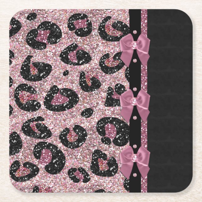 RAB Rockabilly Pink Leopard Print Ribbon Bows Square Paper Coaster (Front)