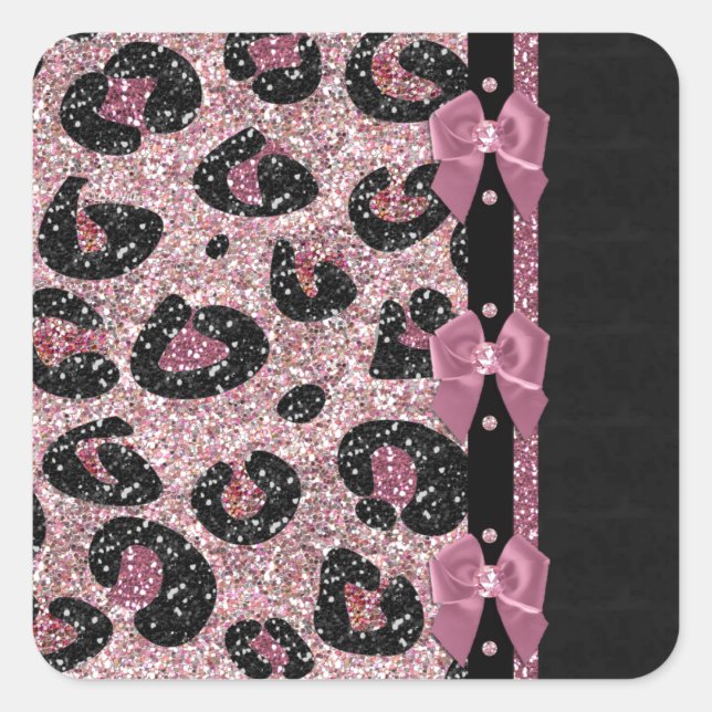 RAB Rockabilly Pink Leopard Print Ribbon Bows Square Sticker (Front)