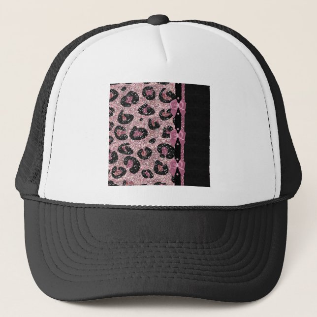 RAB Rockabilly Pink Leopard Print Ribbon Bows Trucker Hat (Front)