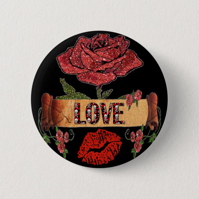 RAB Rockabilly Roses, Love & Lipstick 6 Cm Round Badge (Front)