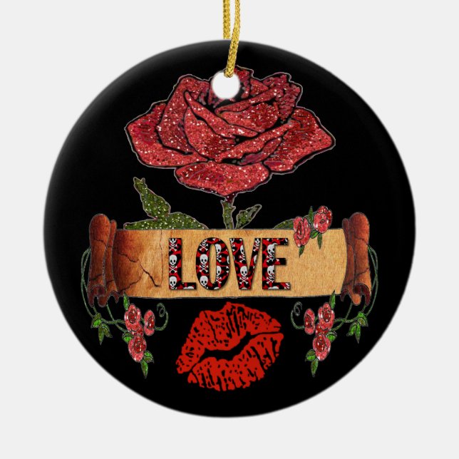 RAB Rockabilly Roses, Love & Lipstick Ceramic Tree Decoration (Front)