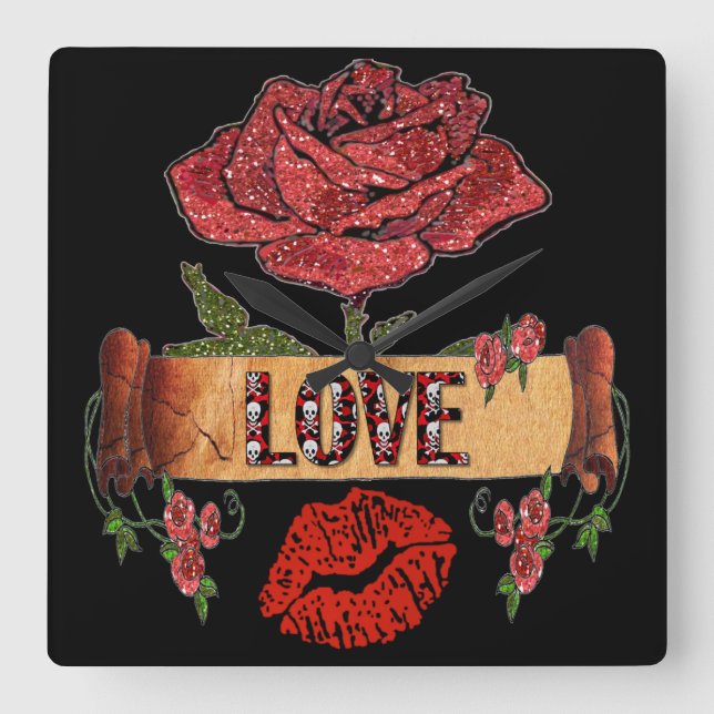 RAB Rockabilly Roses, Love & Lipstick Square Wall Clock (Front)