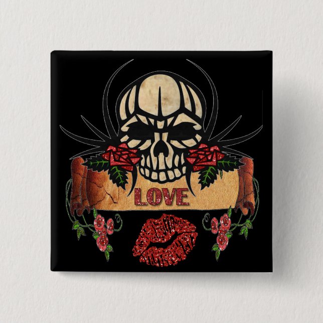 RAB Rockabilly Skull Roses Love Lipstick 15 Cm Square Badge (Front)