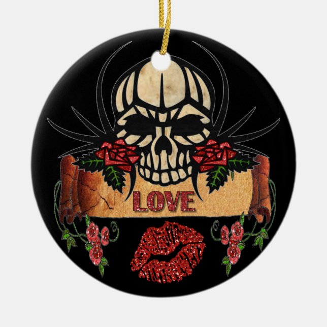 RAB Rockabilly Skull Roses Love Lipstick Ceramic Tree Decoration (Front)