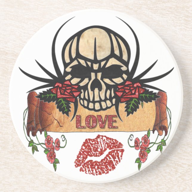 RAB Rockabilly Skull Roses Love Lipstick Coaster (Front)