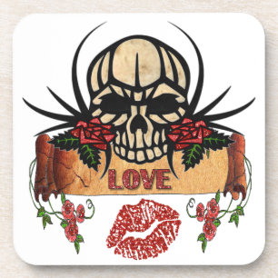 RAB Rockabilly Skull Roses Love Lipstick Coaster