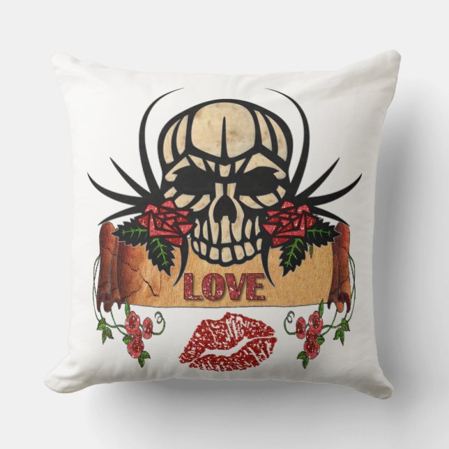 RAB Rockabilly Skull Roses Love Lipstick Cushion (Front)