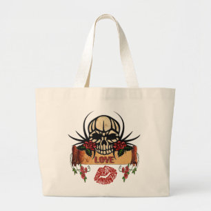 RAB Rockabilly Skull Roses Love Lipstick Large Tote Bag