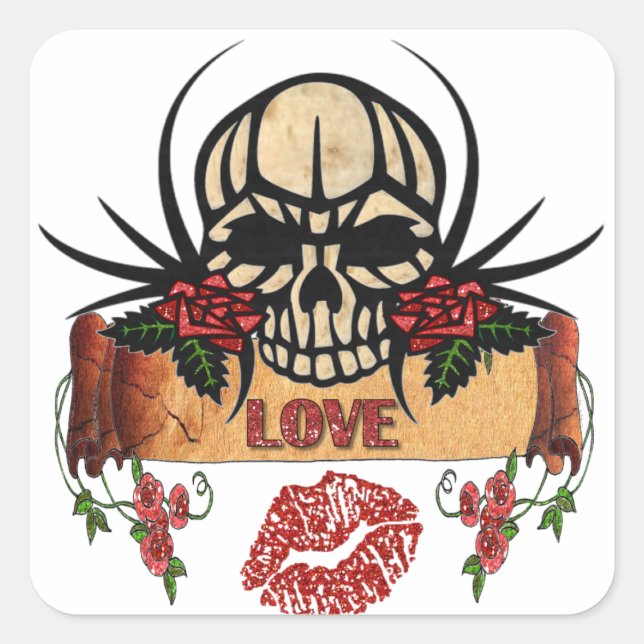 RAB Rockabilly Skull Roses Love Lipstick Square Sticker (Front)