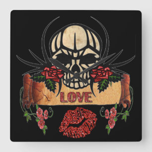 RAB Rockabilly Skull Roses Love Lipstick Square Wall Clock