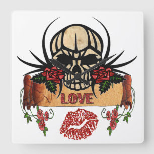 RAB Rockabilly Skull Roses Love Lipstick Square Wall Clock