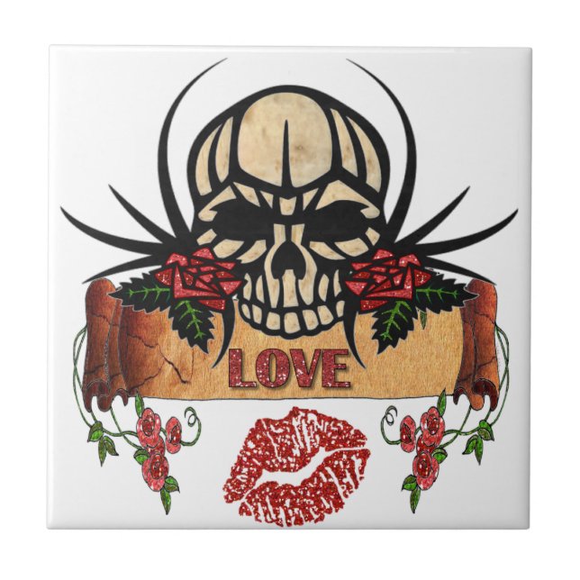 RAB Rockabilly Skull Roses Love Lipstick Tile (Front)