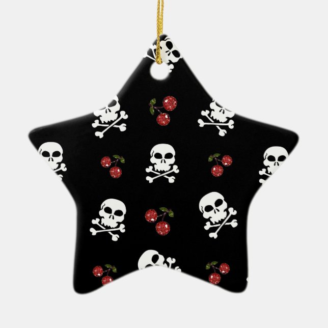 RAB Rockabilly Skulls and Cherries on Black Ceramic Tree Decoration (Front)