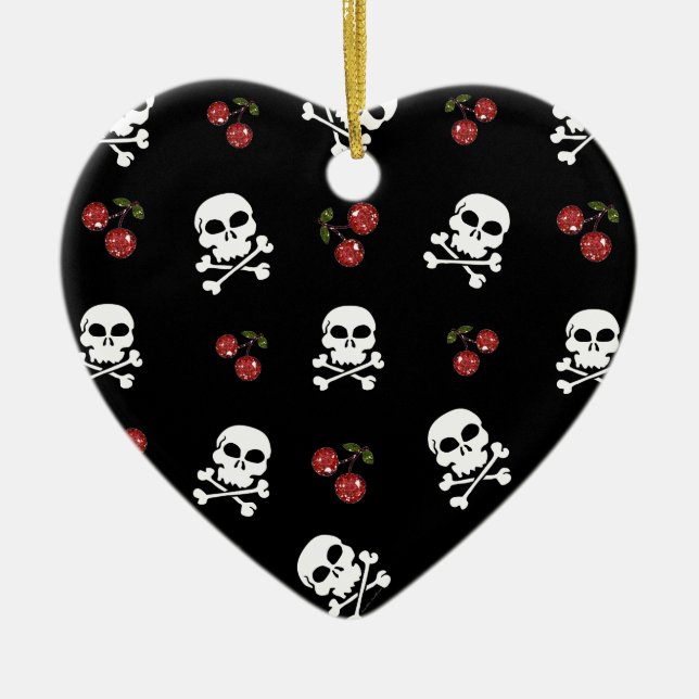RAB Rockabilly Skulls and Cherries on Black Ceramic Tree Decoration (Front)