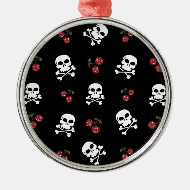 RAB Rockabilly Skulls and Cherries on Black Metal Tree Decoration (Front)