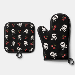 RAB Rockabilly Skulls and Cherries on Black Oven Mitt & Pot Holder Set