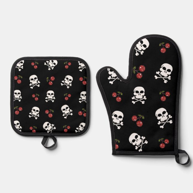 RAB Rockabilly Skulls and Cherries on Black Oven Mitt & Pot Holder Set (Front)
