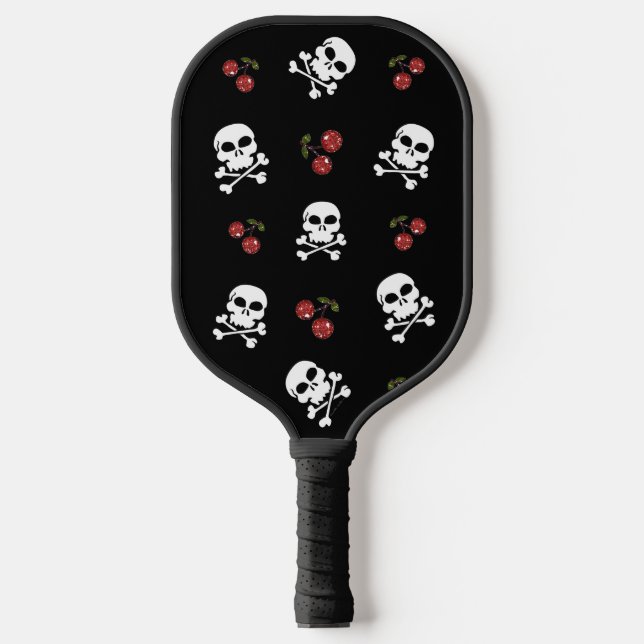 RAB Rockabilly Skulls and Cherries on Black Pickleball Paddle (Front)