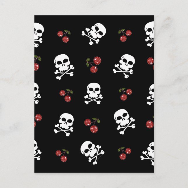 RAB Rockabilly Skulls and Cherries on Black Postcard (Front)
