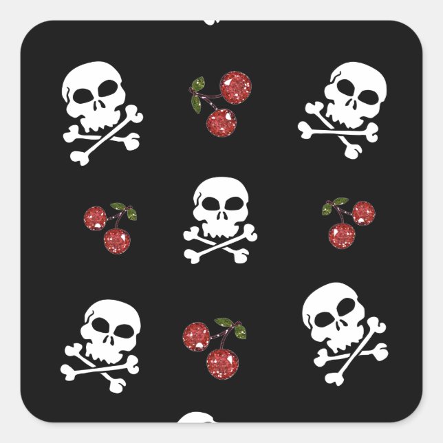 RAB Rockabilly Skulls and Cherries on Black Square Sticker (Front)