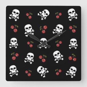 RAB Rockabilly Skulls and Cherries on Black Square Wall Clock