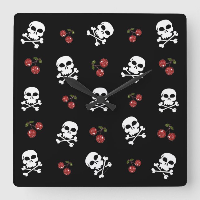 RAB Rockabilly Skulls and Cherries on Black Square Wall Clock (Front)