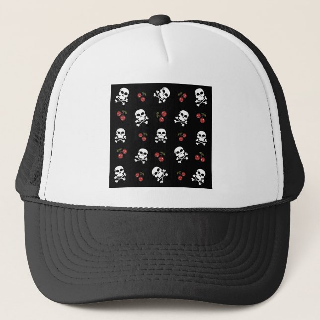 RAB Rockabilly Skulls and Cherries on Black Trucker Hat (Front)
