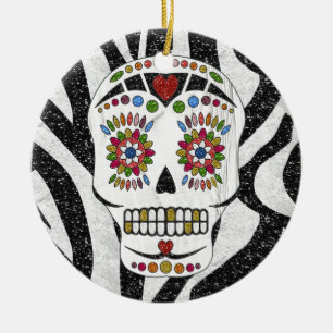 RAB Rockabilly Sugar Skull on Zebra Print Ceramic Tree Decoration